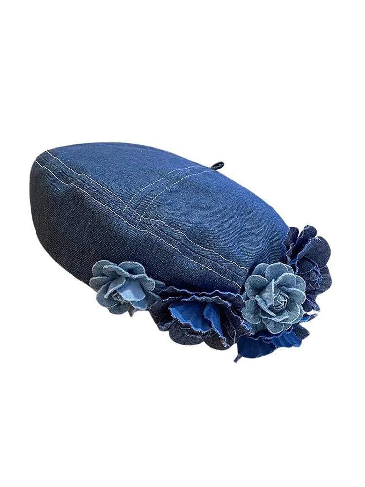 Ladies New Denim Beret Hats Flower Cowboy Vintage Luxury Hat Women Retro Casual Painter Hat Female Trendy Spring Autumn Hat