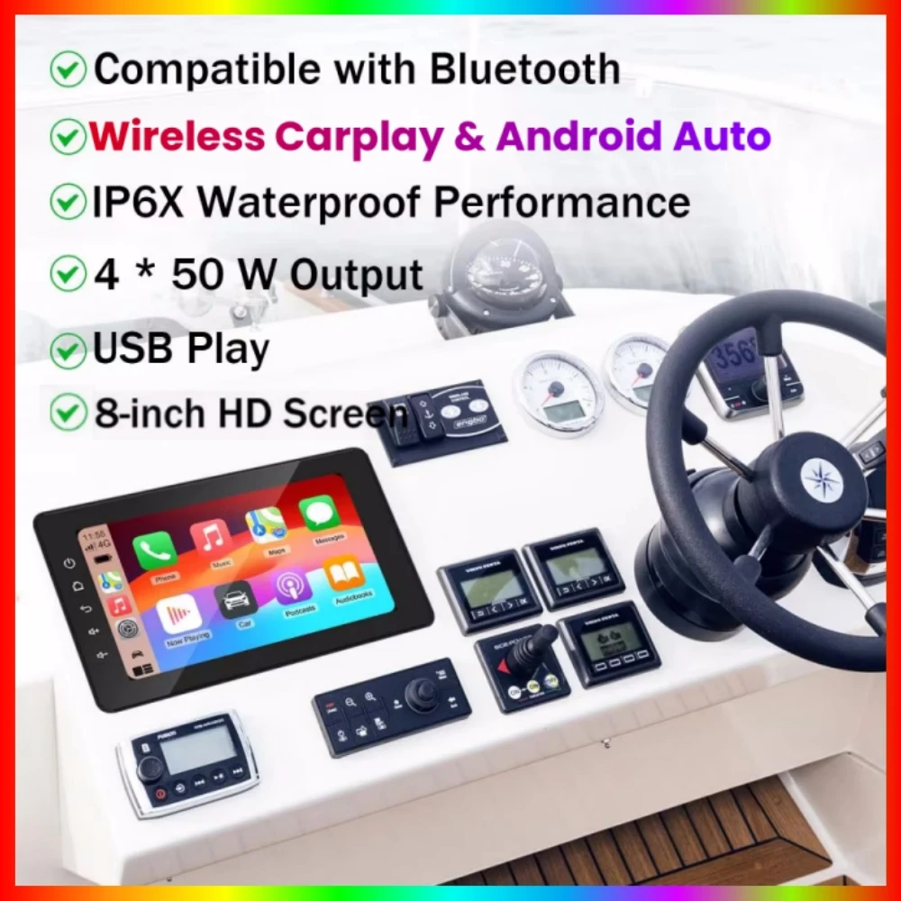 Reproductor Multimedia marino impermeable de 8 pulgadas CarPlay inalámbrico IPX6