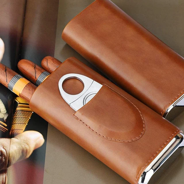 Three-Finger Portable Cigar Humidor Brown and Black Two Choices Cowhide Material Leather Case with Silver Cigar Cutter 1