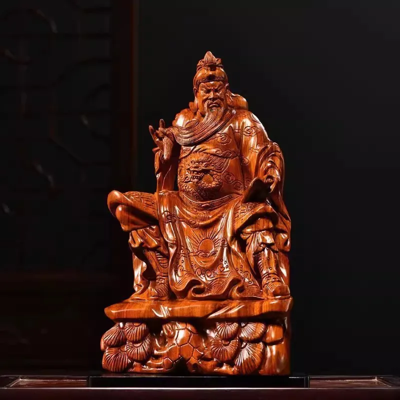 Rosewood Scholar Guan Yu Statue - Chinese Wealth God Sculpture for Home & Office, Reading Pose Feng Shui Decor