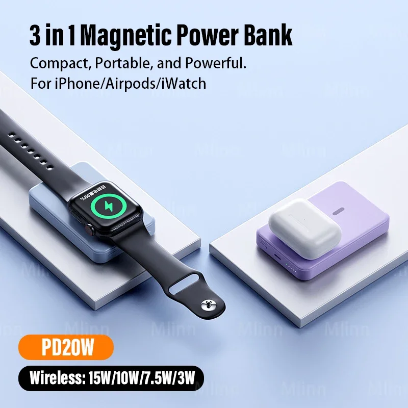10000mAh Magnetic Wireless Power Bank 3 in 1 Portable Auxiliary Battery PD20W MagSafe Powerbank For iPhone 16/15/14/13/12 Watch 3