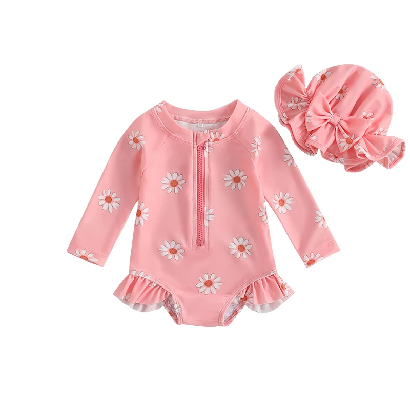 Toddler Baby Girl Swimsuit Floral Rash Guard with Hat Set Long Sleeve Zipper Bathing Suit Swimwear