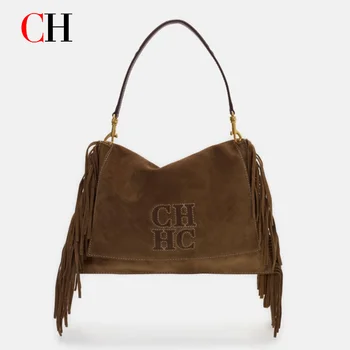 Borsa a Tracolla CH da Donna, Design Retrò con Nappine, Borsa Sottobraccia Vintage Marrone, Grande Capacità, per Pendolari e Shopping