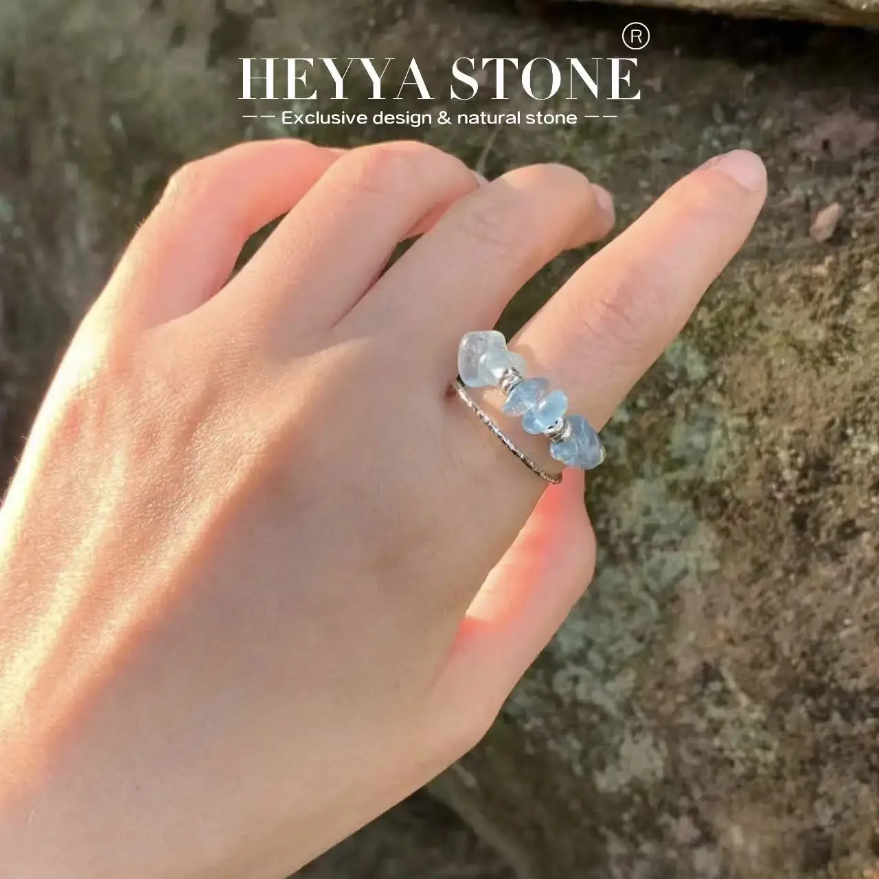 HEYYA STONE Vintage Natural Aquamarine Ring For Women
