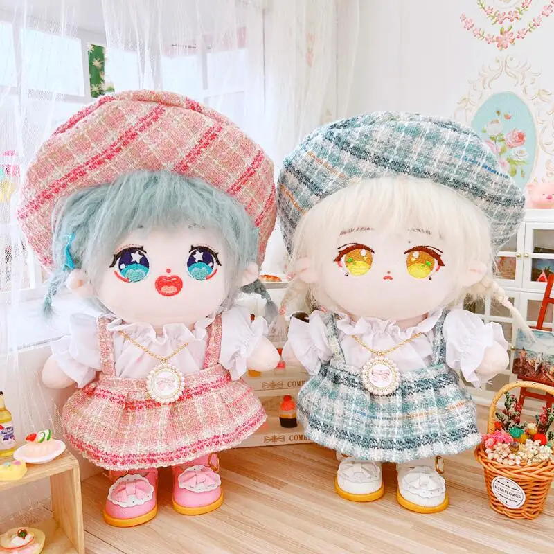 

20cm Kawaii Pink Blue Lattice Suit Girls Plush Doll Cartoon Soft Stuffed Cotton Idol Dolls DIY Clothes Accessory for Girls Gifts