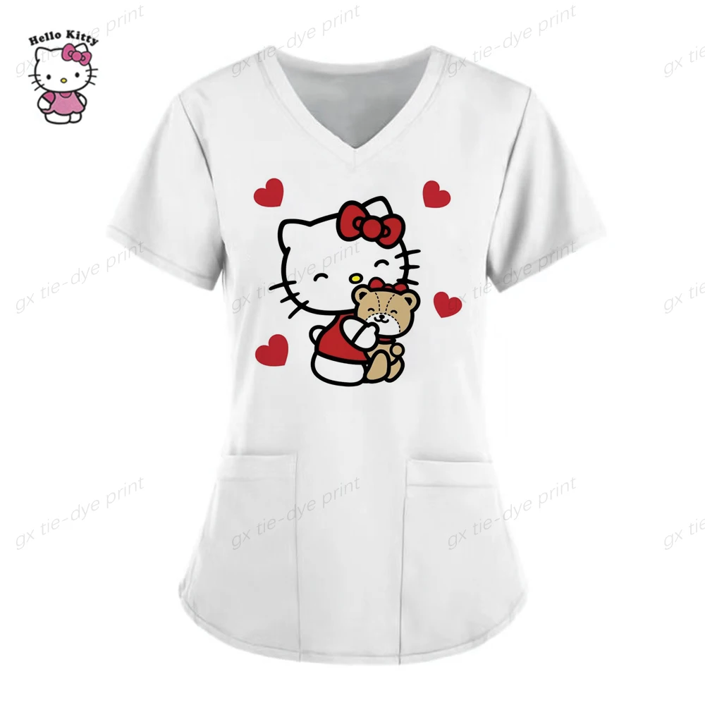 thumbnail image 1 of Camisetas de manga corta para mujer, uniforme de enfermera con estampado de Hello Kitty, cuello en V, bolsillo, para trabajadores de la salud, ropa de trabajo clínica, 1 of 5