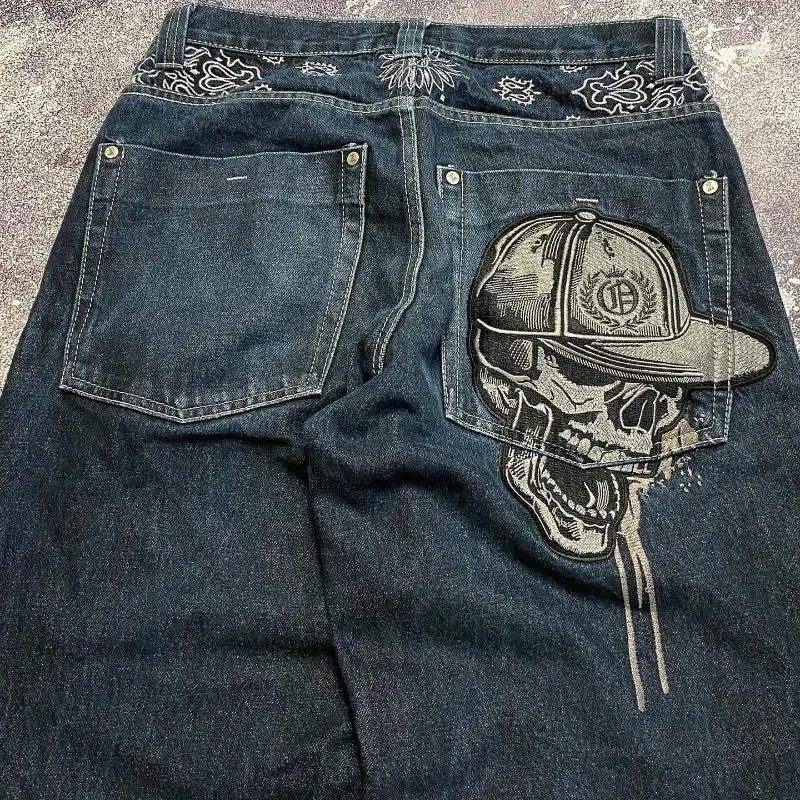 Y2K Rock Hip Hop American Women Jeans Skull Embroidered Couple Wide-Leg Pants Harajuku Gothic Retro Casual Straight Pants Unisex 3