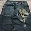 Y2K Rock Hip Hop American Women Jeans Skull Embroidered Couple Wide-Leg Pants Harajuku Gothic Retro Casual Straight Pants Unisex 3