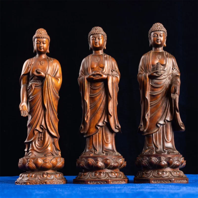 

Ancient Chinese Boxwood Three Shakyamuni Buddhas Statue - Natural Gothic Decor for Living Room, Nordic Home Decoration