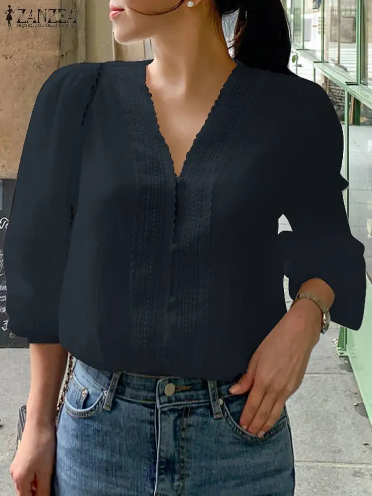 

Рубашка ZANZEA женская с пышными рукавами, винтажный хлопковый топ, Элегантная блузка с V-образным вырезом, модные кружевные туники с прострочкой, однотонная, лето 2023