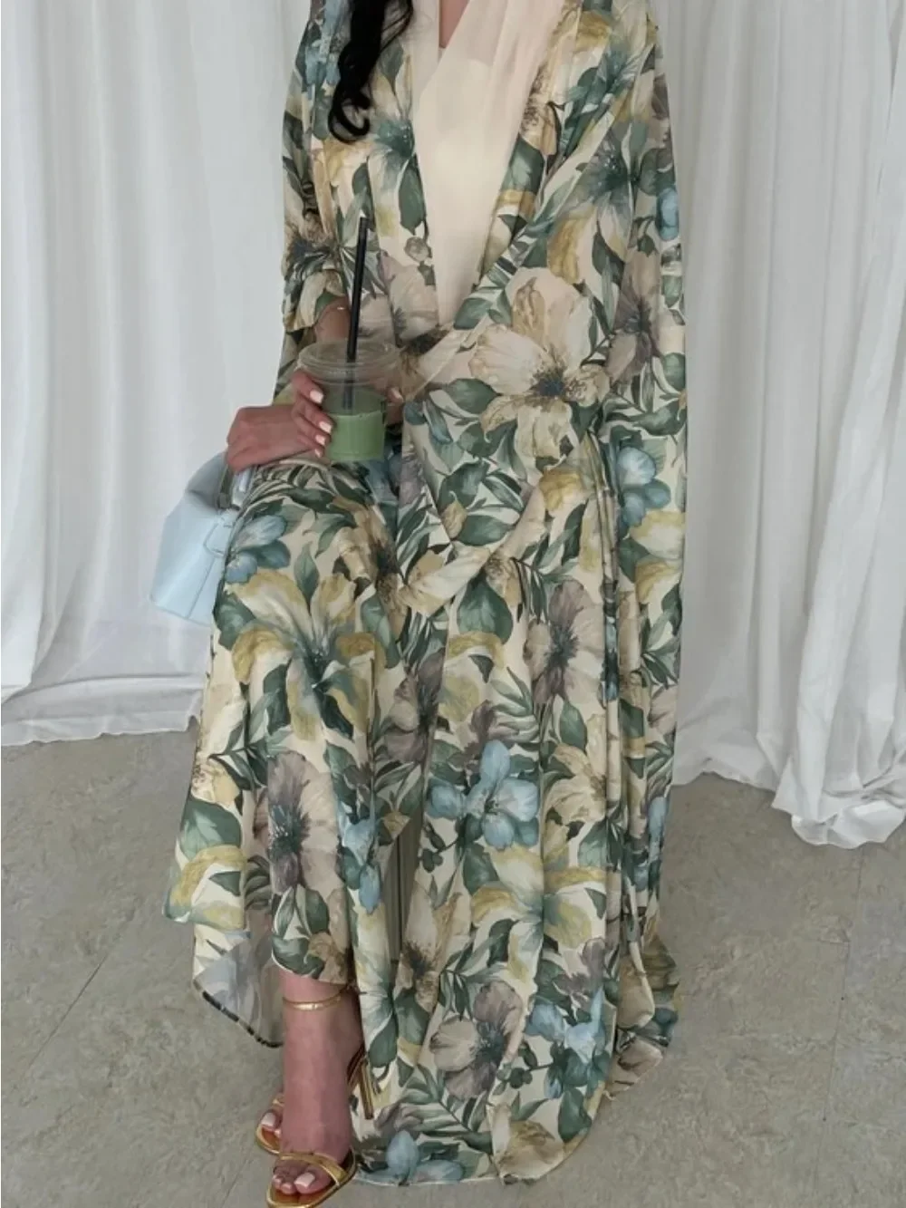 Women's Day abaya shawl 2-piece set dress open printed Muslim jalabiya Ramadan vestidos largos Arabic long cloak Morocco Dubai kaf...
