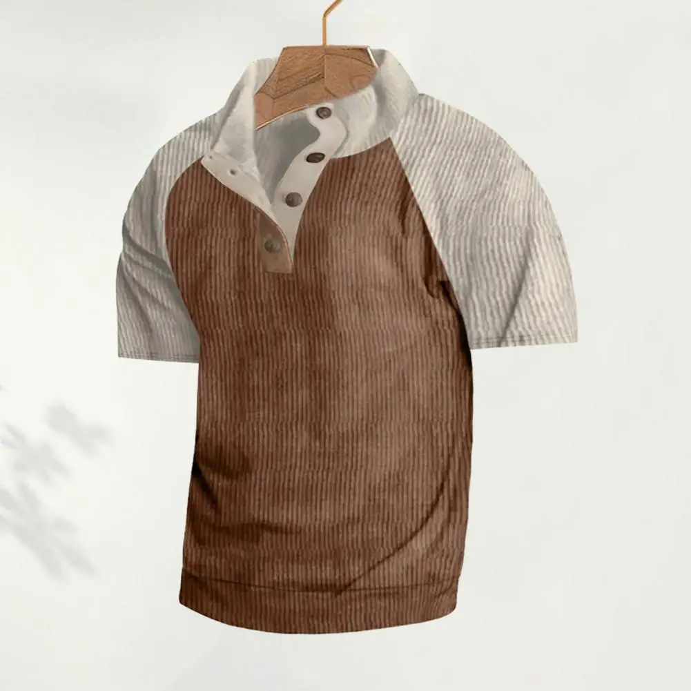 

Men's Autumn Top Raglan Short Sleeve Stand Collar Button Color Block Corduroy Loose Pullover Men's Shirt