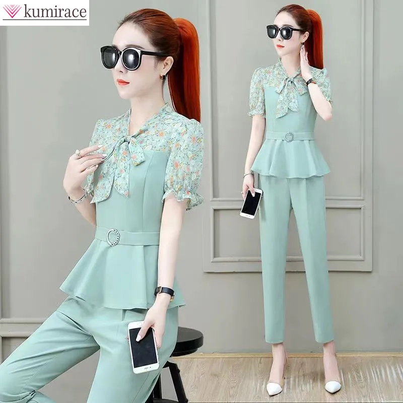 Korean Popular Bow Elegant Women's Pants Suit Pleated Chiffon Shirt Top Casual Trousers Two-piece Set Female Blazer