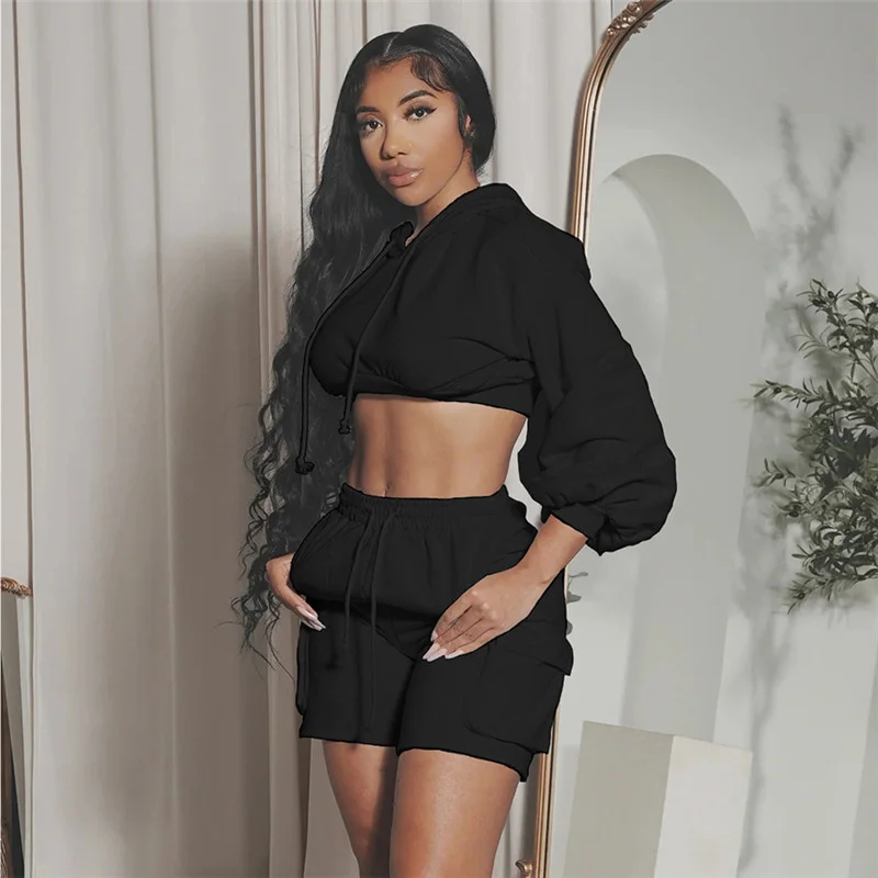 

Zabrina Casual Outfits Women Two Piece Warm Tracksuit Streetwear Fall New Hooded Long Sleeve Crop Hoodie And High Waist Shorts