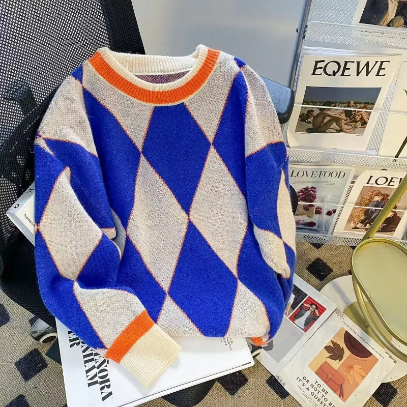 

Vintage Loose Women's Sweater Plaid Korean Jumpers Autumn/Winter Clothing Long Sleeve O-Neck Knitwear Women Pullovers