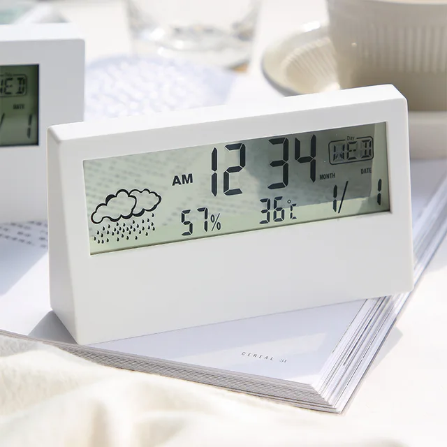 LCD Electric Desk Alarm Clock White with Calendar and Digital Temperature Humidity Modern Home /Office Watch Battery Operated 1