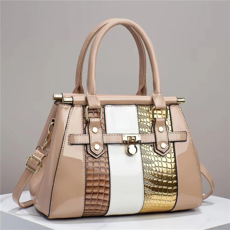 thumbnail image 4 of Nuevo bolso de mano de piel brillante empalmada de gran capacidad con un solo hombro y diseño de cocodrilo para mujer, bolso de mano de PU, 4 of 5