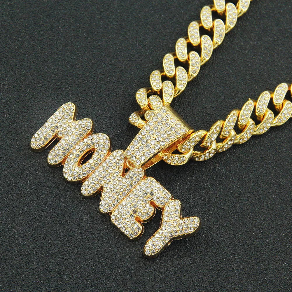 

Hip Hop Iced Out Cuban Chains Bling Diamond Letter MONEY Pendant Mens Necklaces Miami Gold Chain Charm Jewelry for Men Choker