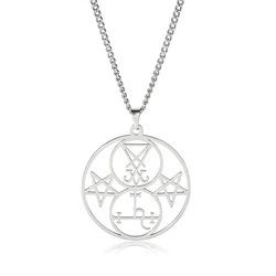 Sigil of Lucifer Lilith Pendant Necklace - Stainless Steel Satanic Pentagram Amulet (Silver Color)
