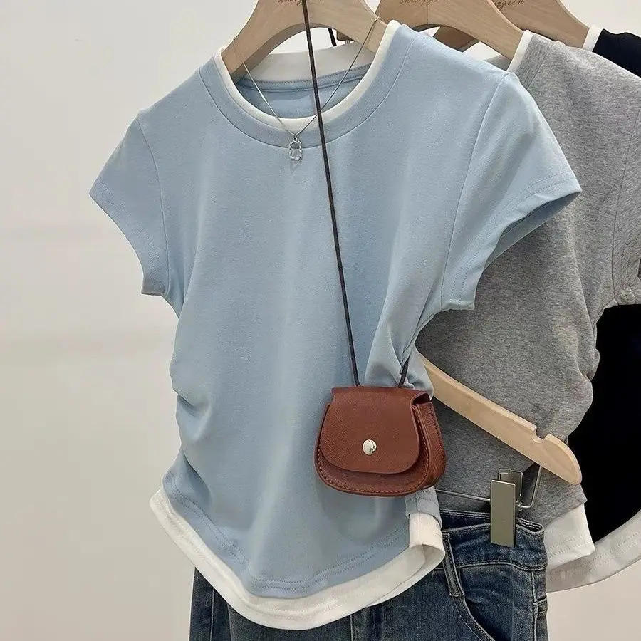 

Vintage Modals Patchwork Short Sleeve T-Shirts with Pleat and Slim Fit Design for Women Aesthetic Clothes Crop Tops Hotgirl