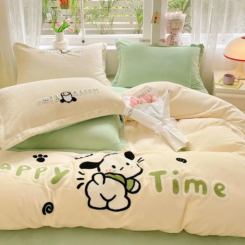 

Sanrio Pachacco Bedding Four-piece Set Milk Velvet Warm Furry Cute Girl Dormitory Quilt Bedding Ins Quilt Cover Three-piece Set