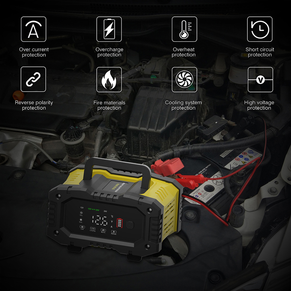  20A -10A FOXSUR Portable Car Battery Charger Dual Voltage Compatible 12V-24AV Lithium Battery Charger AGM Gel Lead Acid LiFe PO4