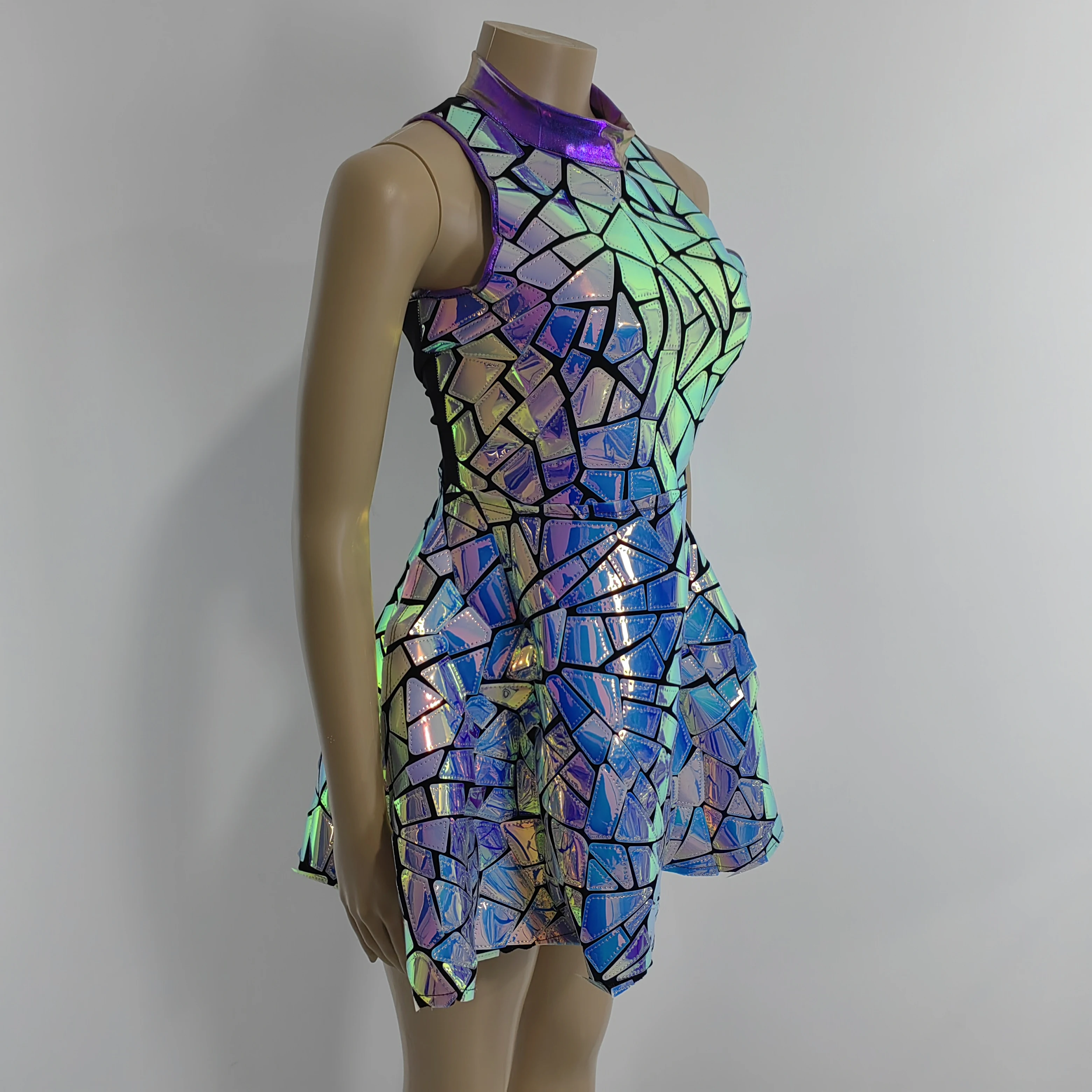Purple Blue Laser Mirror Sequins Sleeveless Short Dress Women Singer Dancer Bar Nightclub Stage Wear Birthday Prom Show Costume dance dress rhinestones dress women dance costume stage performance costume