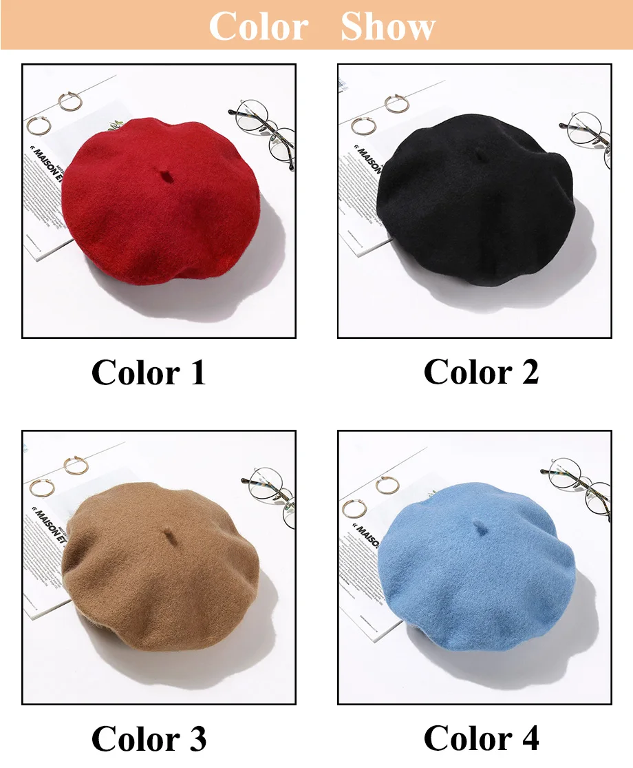 Wolle Baskenmütze Hut Frauen Winter Dicke Französisch Hut Mädchen Einfarbig Herbst Berets Caps Hüte Für Frauen Flache Kappe Hut Filz Berets – Detail 10