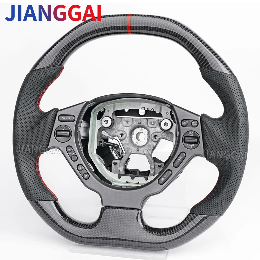 닛산 GTR R35 2009-2017 100% 리얼 카본 파이버 자동차 스티어링 휠 (천공 가죽 레드 스트라이프 카본 트림 커버 포함)