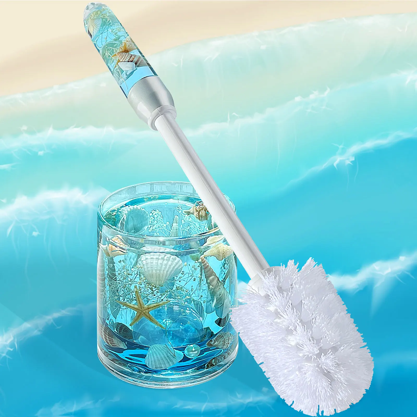 THEYUFA Toilet Brush Holder Seashell Toilet Brush Plastic Handle Easy to Hide Space Saving for Storage Deep Cleaning Blue
