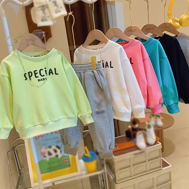 Fashion Print Baby Children Sweatshirt Spring Fall Kids T-shirt Clothing Tops Long-sleeved Loose Tee Solid Girl O-neck Hoodies