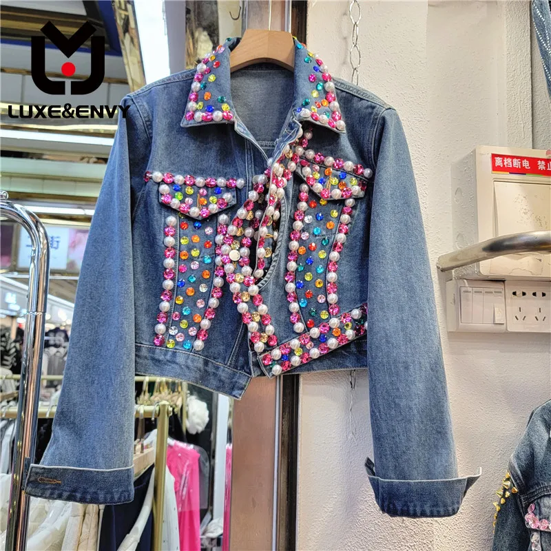 

LUXE&ENVY European New Heavy Industry Design Feel Nail Beads Show Versatile High Waist Short Denim Coat For Women2023 Autumn