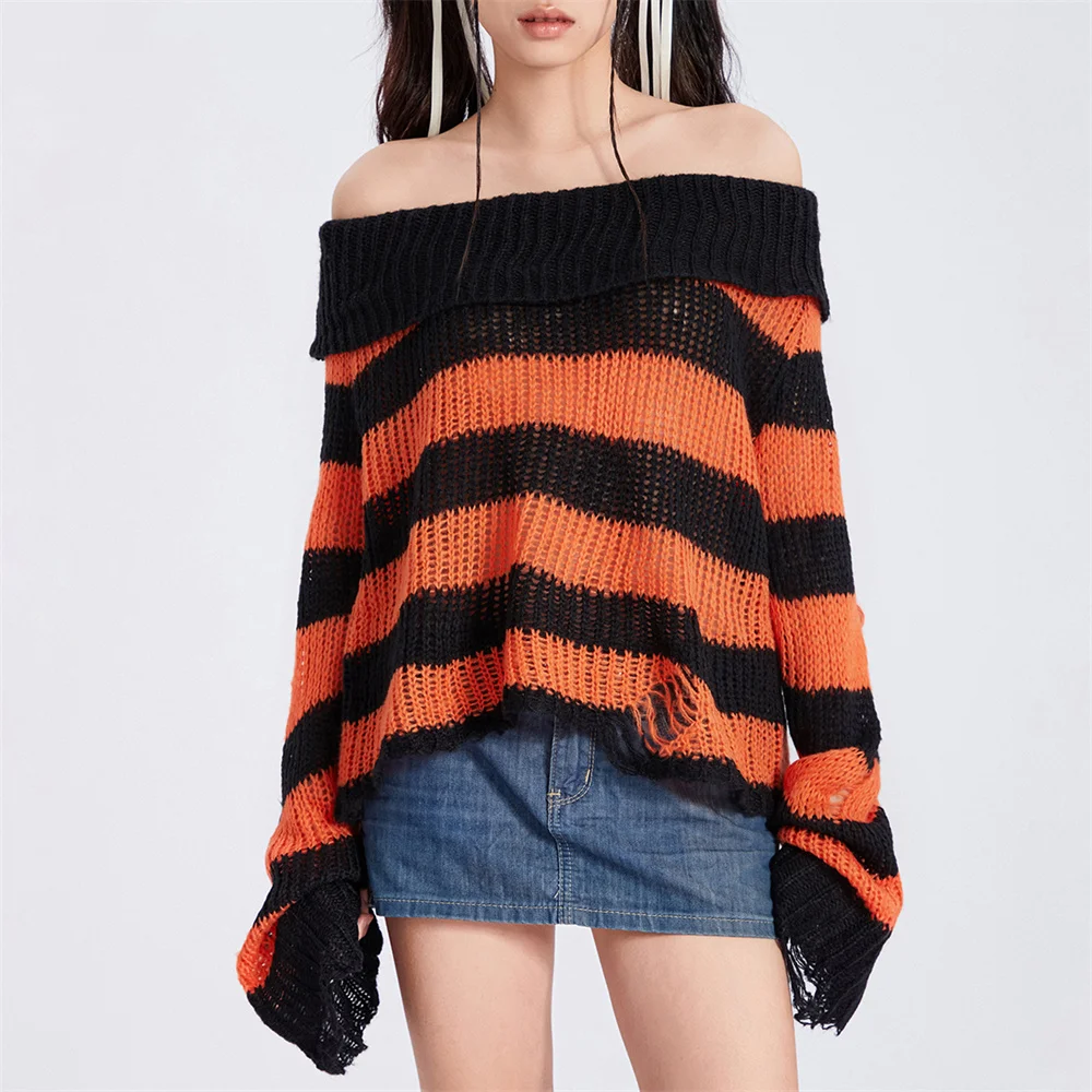 

Douhoow Women Ripped Knit Stripe Print Sweaters Gothic Punk Off Shoulder Long Sleeve Sweaters 90s Knitwear Pullovers One Size