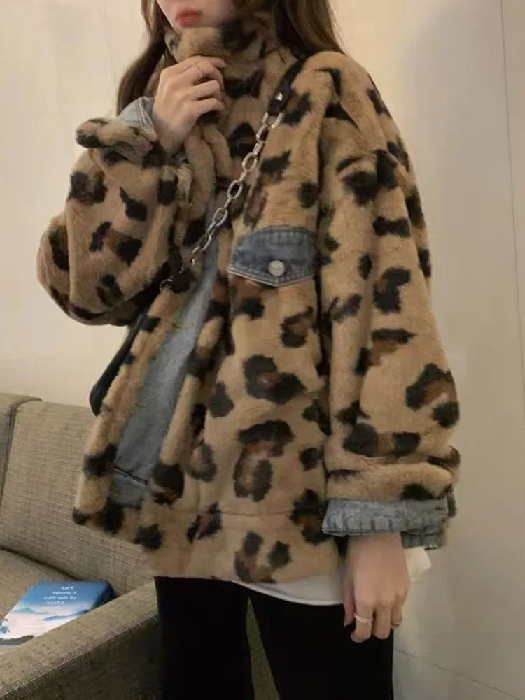 

Leopard Lamb Wool Denim Jackets Women Winter Fleece Long Sleeves Streetwear Chic Design Casual Baggy Jean Jackets Coat