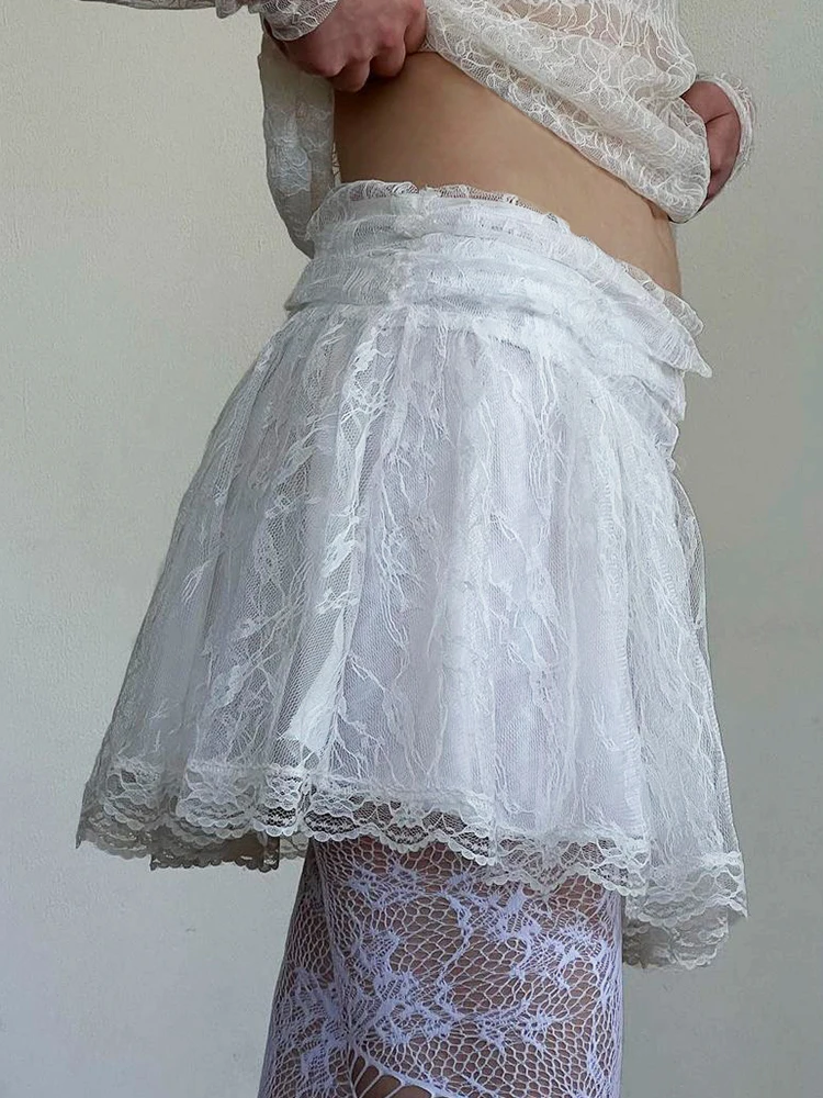 IAMSURE Sweet Solid Patchwork Lace A-Line Pleated Skirts Basic Mid-Waisted Mini Skirts Women 2023 Summer Fashion Streetwear Lady