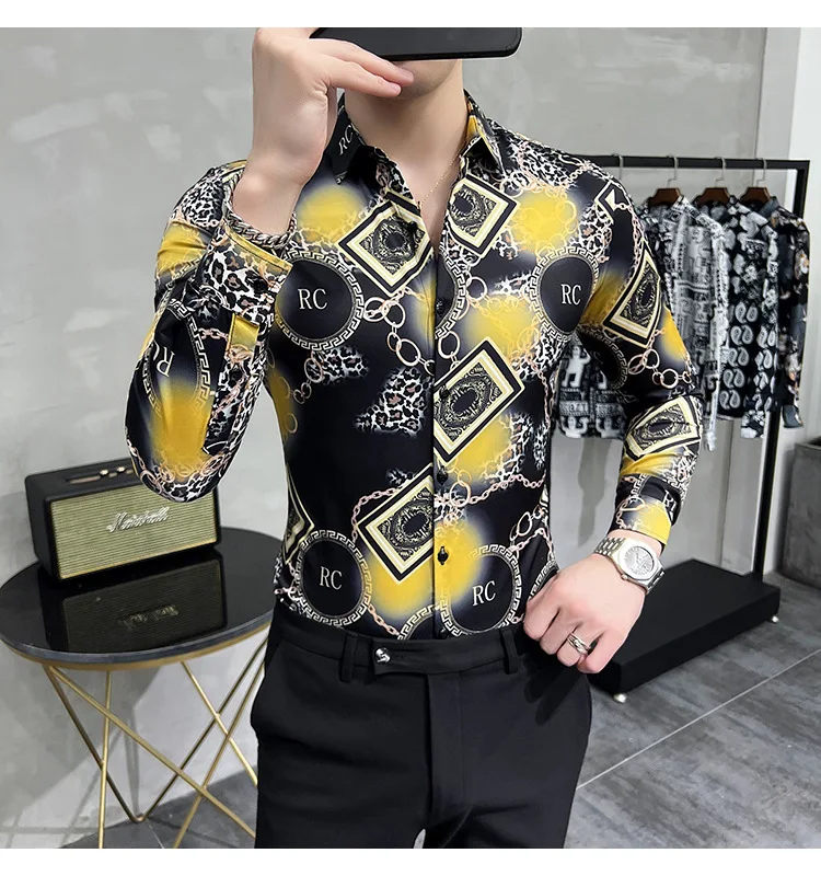 masculina moda festa manga longa camisa magro