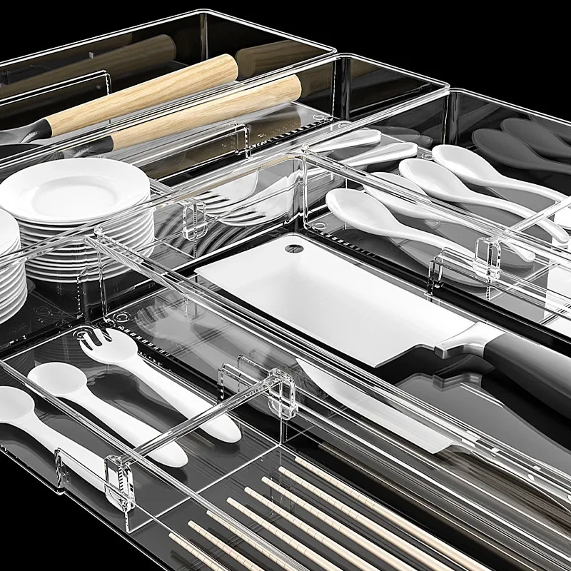 Divided Storage Rack, Kitchen Drawer Organizer, High-Transparency Storage Box, Mobile Divider for Kitchen or Office
