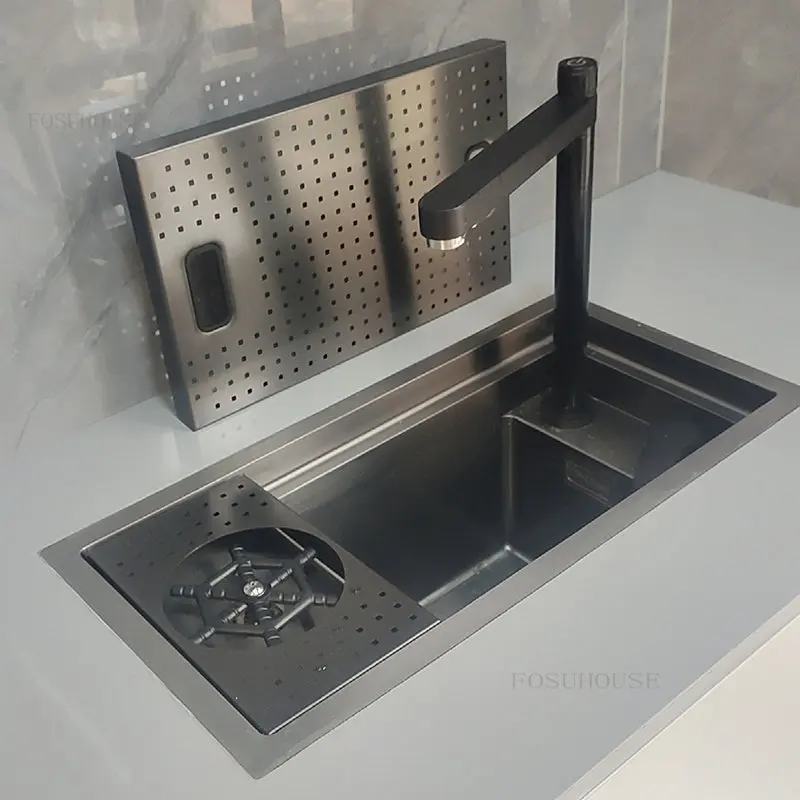Hidden Stainless Steel Kitchen Sinks Handmade Single-slot Home Island Bar Mini Small Sink with Cup Washer and Vegetable Basin 6