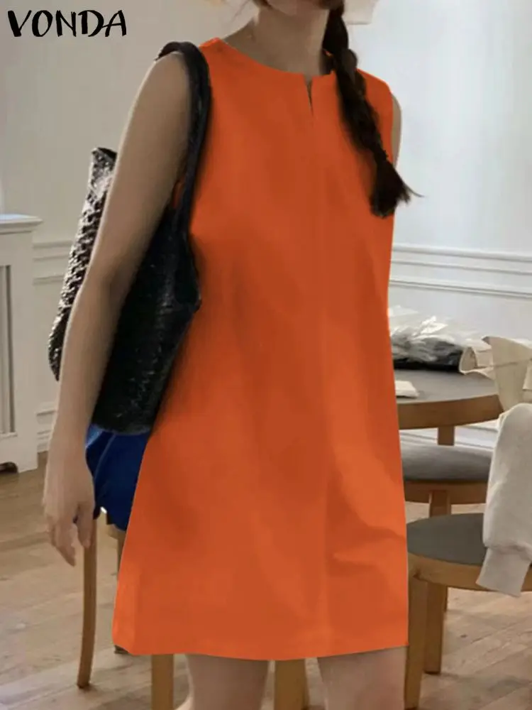 

VONDA Casual Shirt Sundress Mini Dress 2023 Summer Women Sleeveless Sexy Loose Fashion Round Neck Solid Color Short Robe Femme