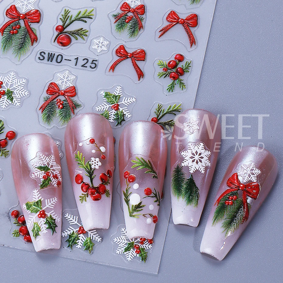 2pcs Cartoon Christmas Nail Art Stickers Self-Adhesive Winter Holly Snowflake Bow Santa Claus Reindeer Nail Decal Manicure Decor