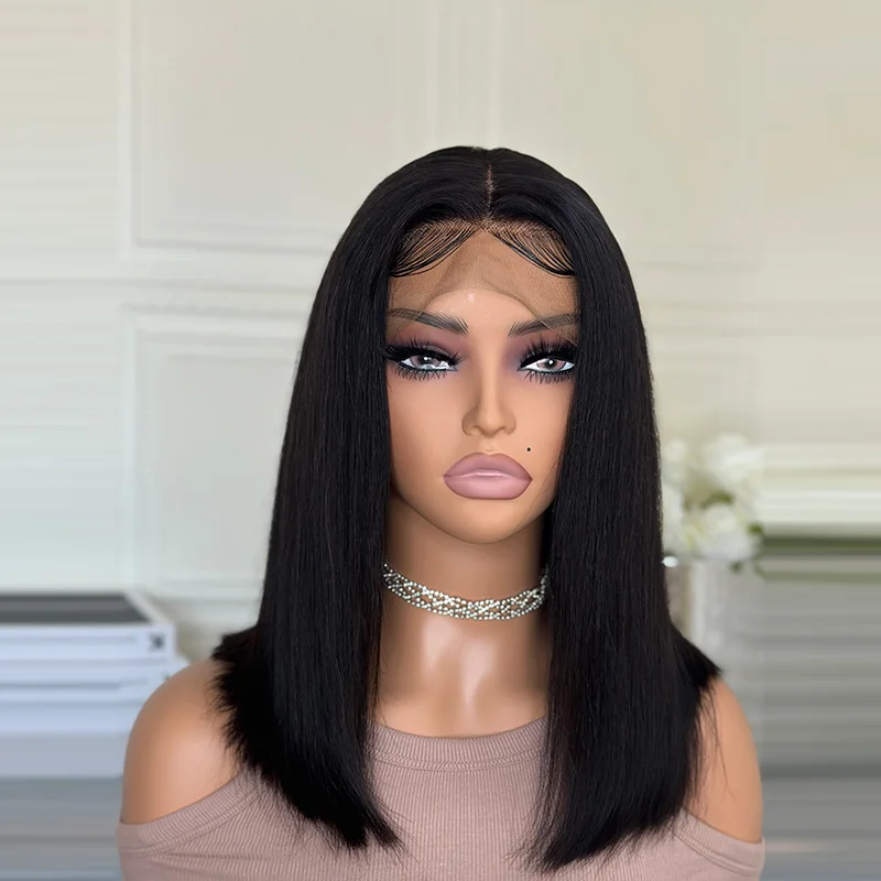 

GEECSKOL OVE European and American Women's Front Lace Hua Fiber Split BoBo Head Black Short Straight Wigs