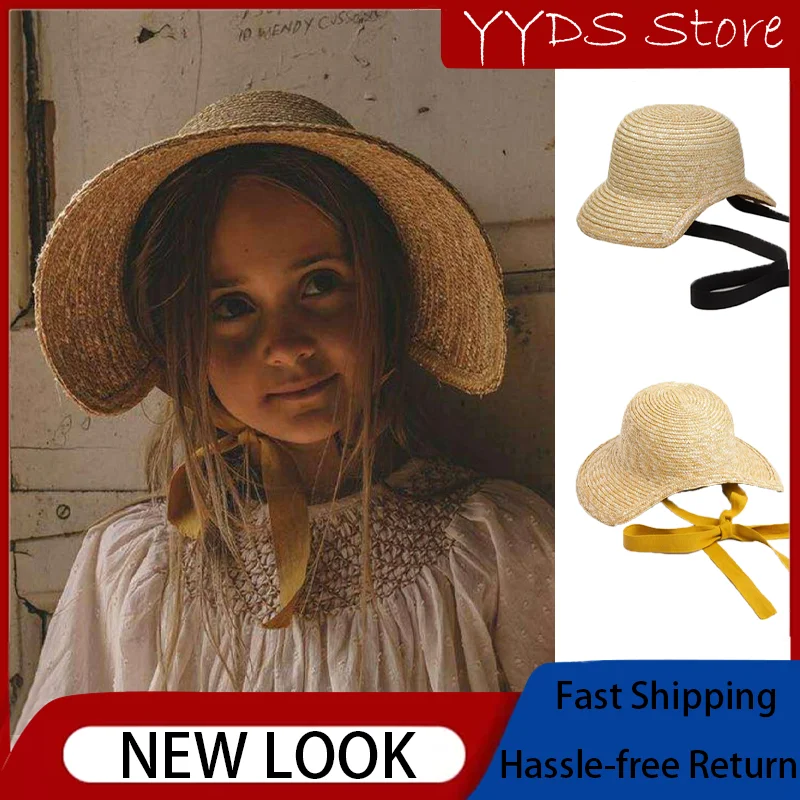 Handmade Kid's Sun Hat with Braided Straw and Wide Brim for Outdoor Adventure Designer Bucket Hat
