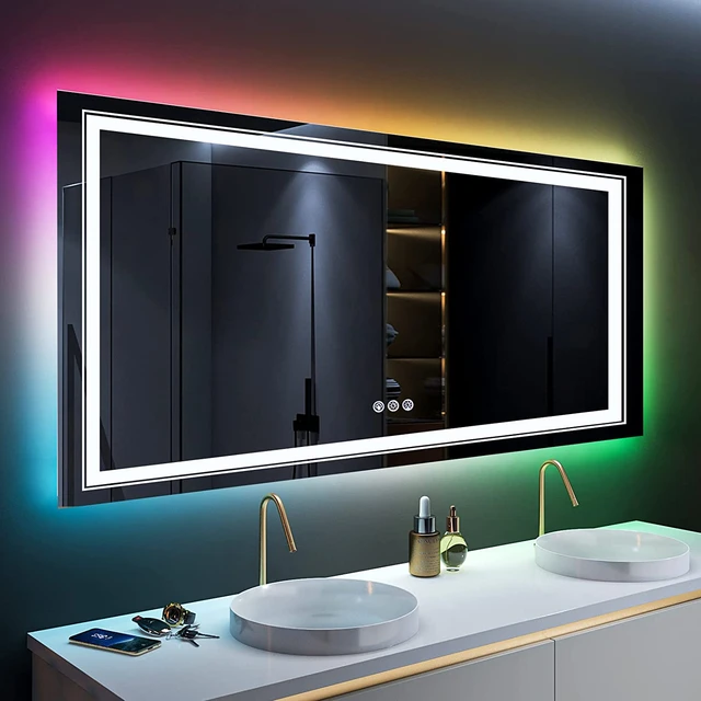 Miroir de salle de bain RGB LED, grand miroir de vanité rétro-éclairé avec  lumières, miroir