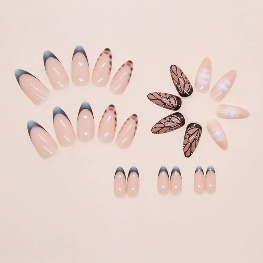 24pcs Manicure Long Almond False Nails French Flowers Starfish Fake Nials Detachable Misty Blue Retro Nail Tips DIY