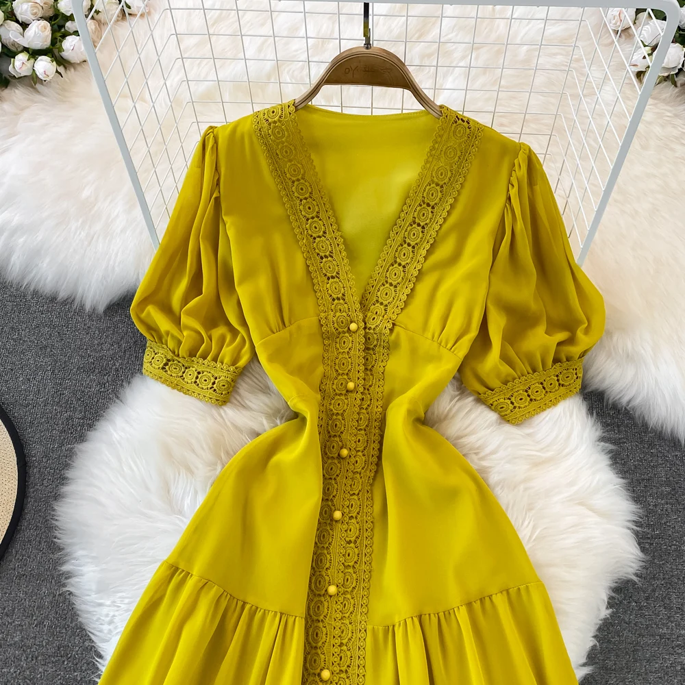 New Women Vintage Party Dress Summer Puff Sleeve Sexy V Neck Lace Single-breasted Long Dresses Ladies A Line Elegant Long Robe