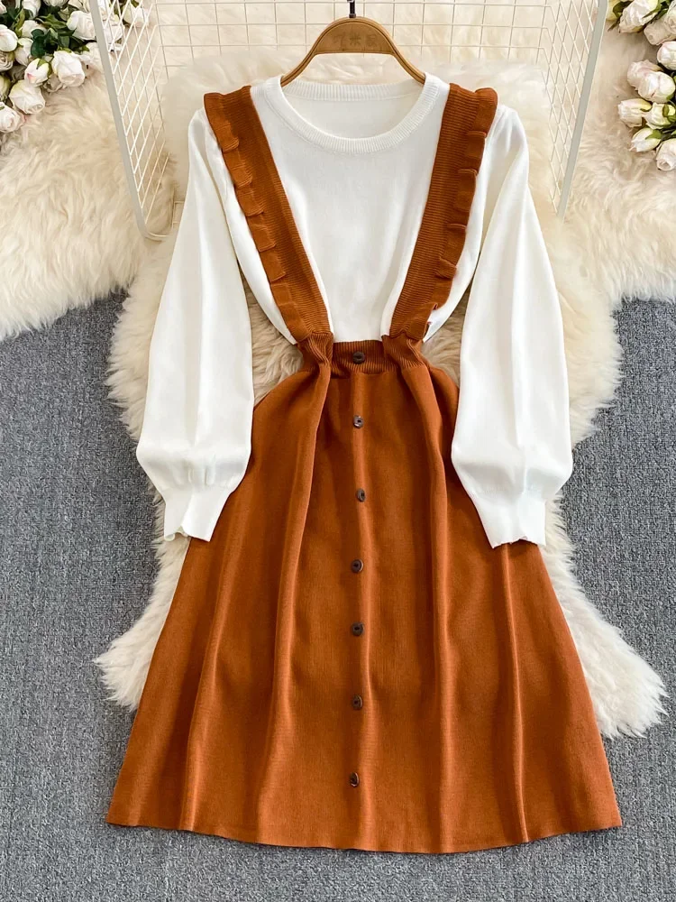 

Women Autumn Vestidos Fake Two-piece Long Sleeved Round Neck Patchwork Waist Length A-line Shoulder Strap Knitted Dress D5652