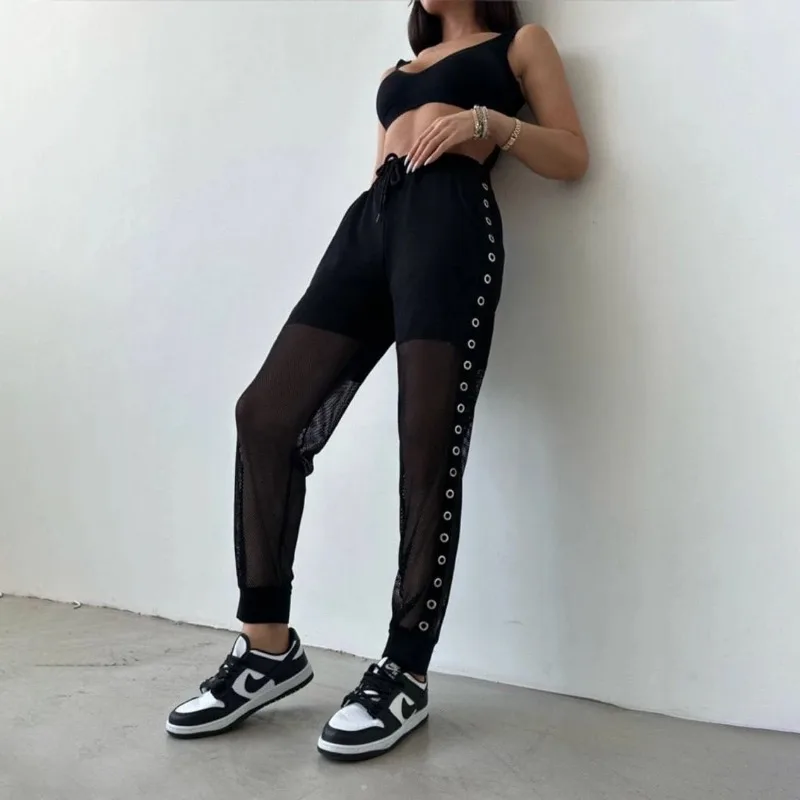 Sweatpants Trousers Women Sports High-waisted Trousers Fishnet Streetwear Loose Patchwork Letter Cutout Mesh Pants Bottom TYFS52