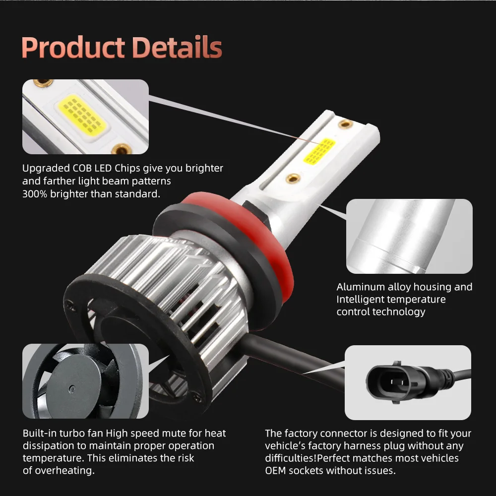 2x미니 자동차 헤드라이트 H1 H4 H7 LED 전구 H8 H11 9005 HB3 9006 HB4 9004 9007 HB5 H13 LED 라이트 25000LM 180W 터보 헤드램프 12V