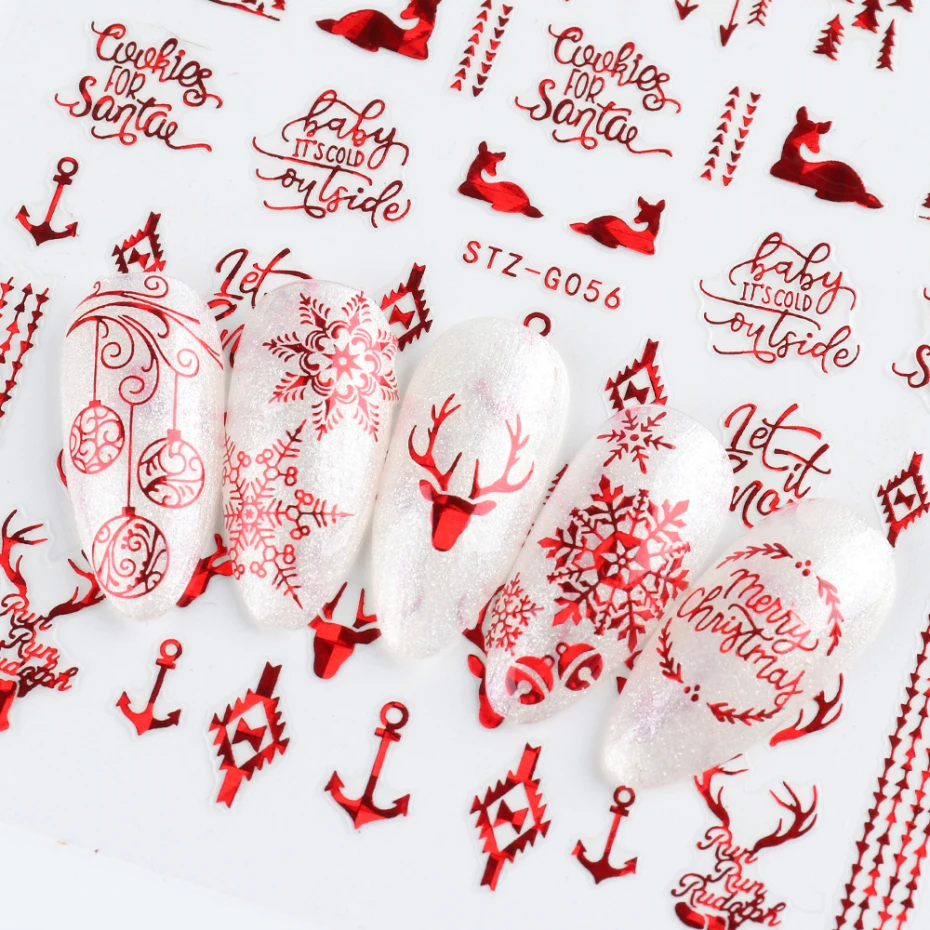 Nail Stickers Nail Art Decoration Nail Decals Holographic Red Christmas Nail Sticker Shine Glitter Snowflake Elk Santa Claus Transfer Slider Winter 3D Decal SASTZG050-058