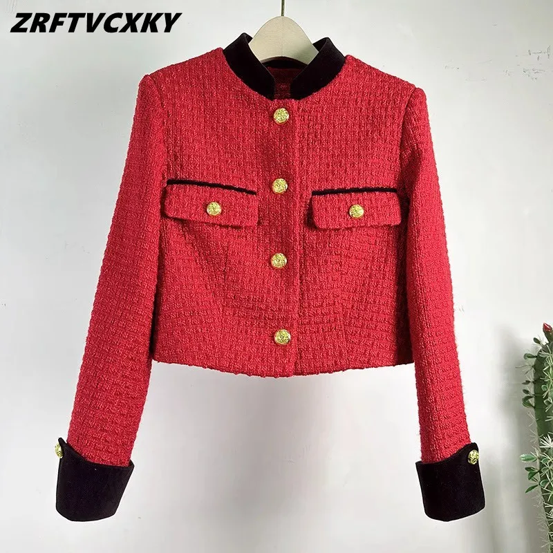 

Runway pleuche patchwork Red Tweed Brand Jacket Women's Small Fragrance Stand Collar Woolen Coats Outerwear Casacos Blouse